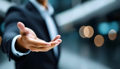 A businessman extends his open hand towards the viewer, offering assistance or a gesture.