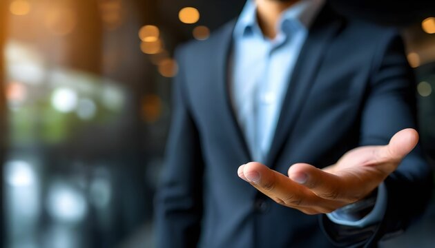 Businessman extending open hand in a gesture of offering or welcoming.