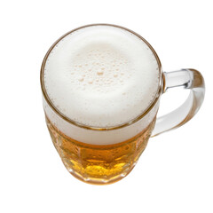 An overhead view of a classic glass beer mug filled with golden lager and a generous, frothy white head, perfect for illustrating drinks, parties, or relaxation.