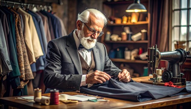 An elderly tailor with white hair and beard meticulously hand-stitches fabric at his workbench, surrounded by sewing equipment and garments.