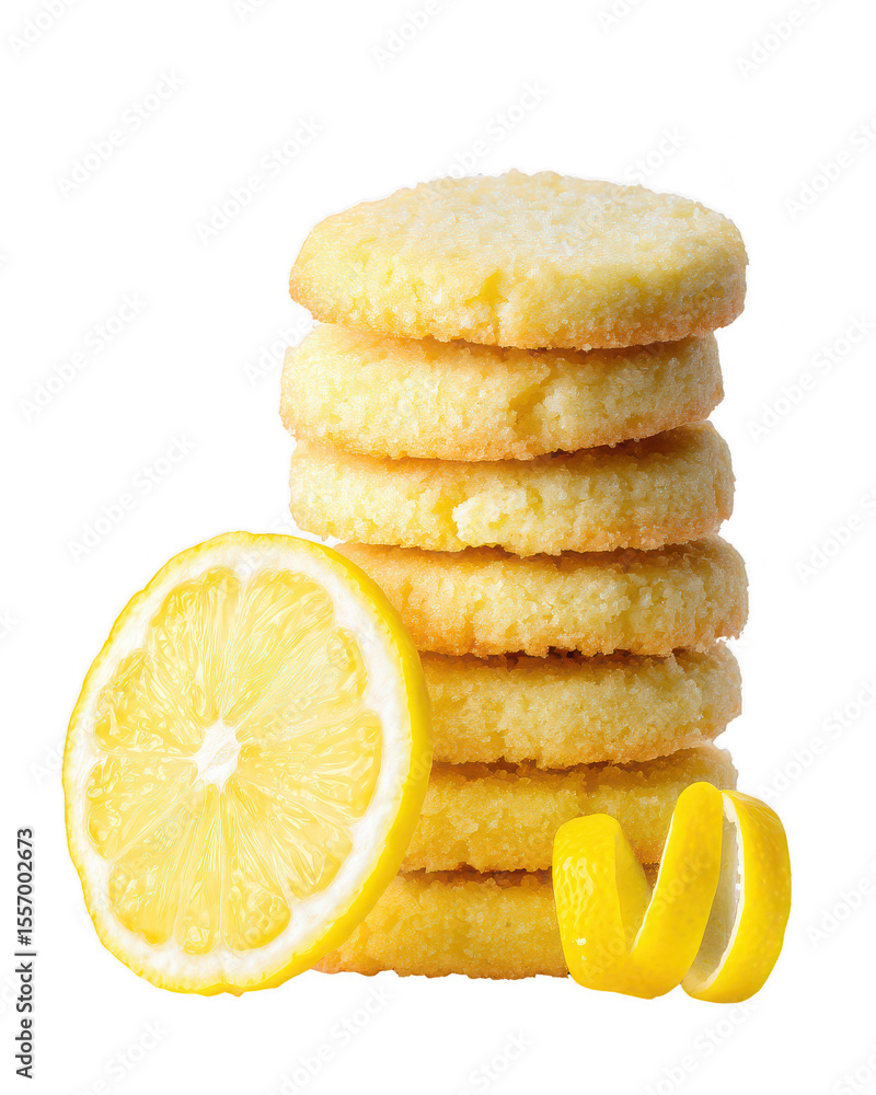 Poster stack of delicious lemon cookies with fresh lemon slice and zest on white background