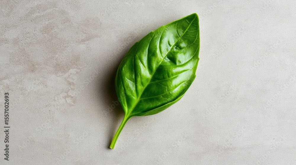 Poster close-up of a single green leaf on a light grey textured background. the leaf is in the center of th