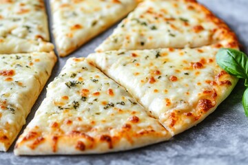 Italian Four Cheese Pizza with Stretching and Basil on Light Concrete cheeses