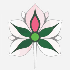 
A minimalist vector graphic of a stylized white lotus flower with green petals and a pink center, featuring subtle gray shadows.