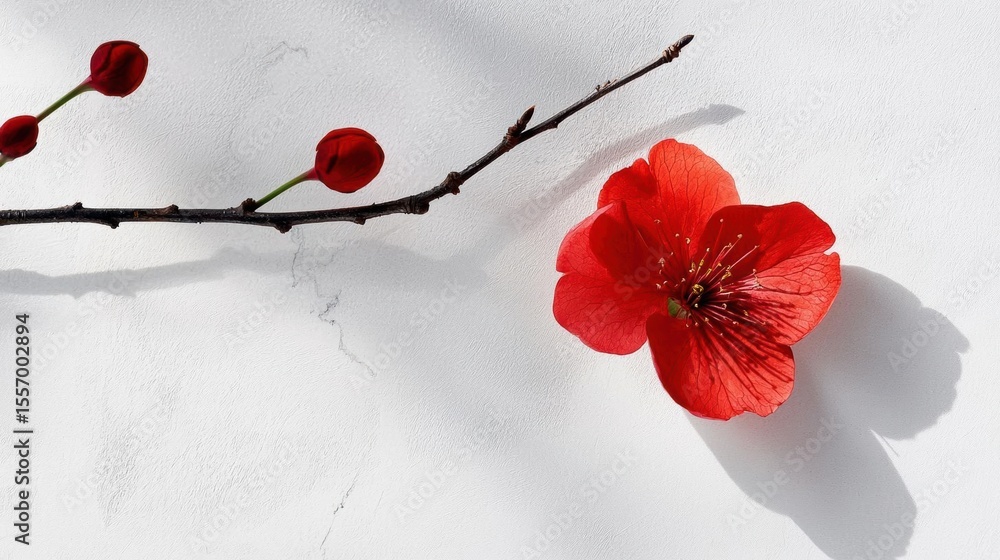Poster close-up of a single red flower on a thin branch. the flower is in full bloom with five petals and a