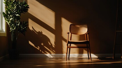 Corner of a room with a wooden floor and a window on the left side. on the right side of the image, there is a wooden chair with a woven seat and backrest.