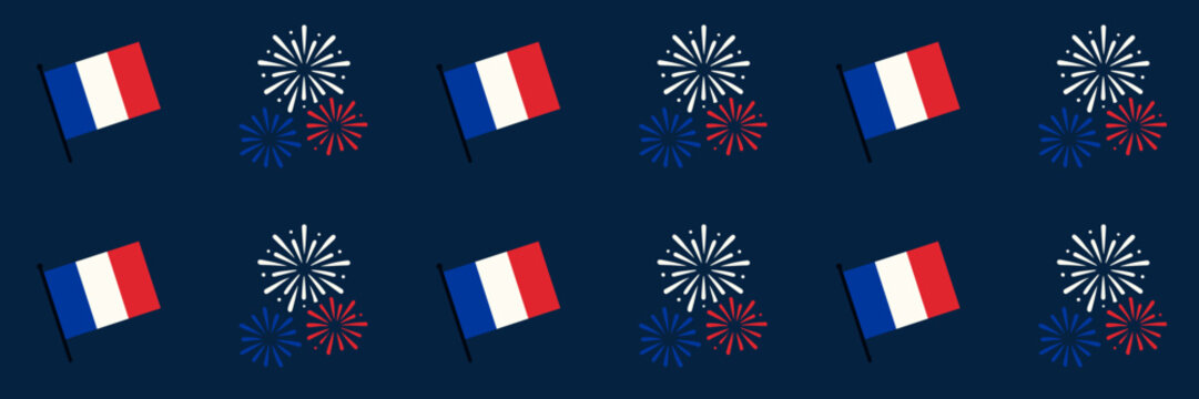 Bastille Day seamless pattern with fireworks and French flag

