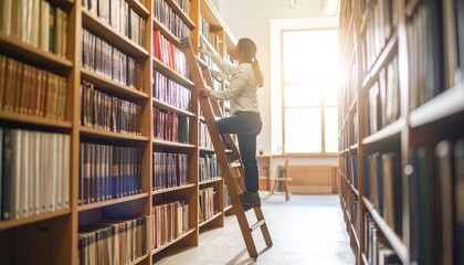 Woman climbing a wooden ladder in a library, reaching for a book on a high shelf, with sunlight streaming through a window.