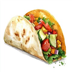 Watercolor-style taco, isolated on a white background, soft and artistic.