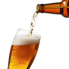 A crisp golden beer flows from a bottle into a glass, creating a bubbly, foamy head. Ideal for beverage promotions or refreshing drink concepts.