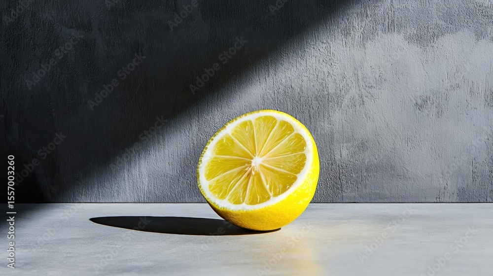 Poster close-up of a lemon on a grey surface. the lemon is in the center of the image, with its slice facin