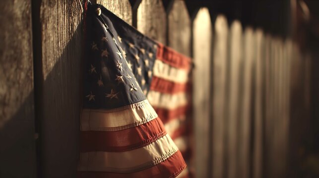 Remembering freedom A faded American flag hangs with reverence from a weathered wooden fence in the fading golden hour - Powered by Adobe