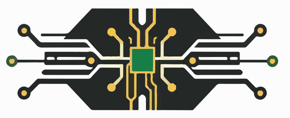 A clean, dark gray and black vector illustration of a circuit board with a central green chip and yellow connectors, symbolizing technology, computing, or electronic design.