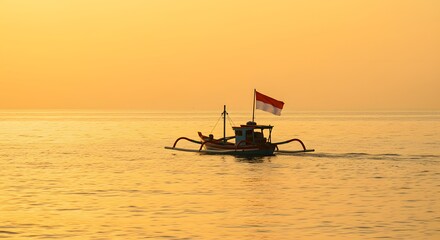 Obraz premium Golden Hour Sunset Indonesian Fishing Boat at Sea