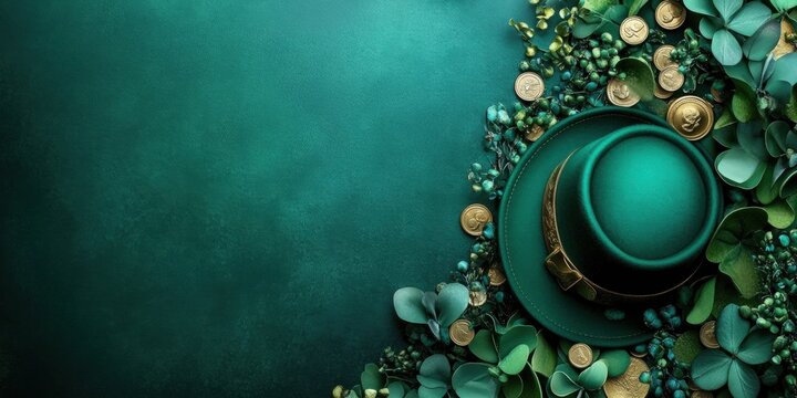 St. Patrick's Day theme with leprechaun hat, gold coins, and shamrocks on coins - Powered by Adobe