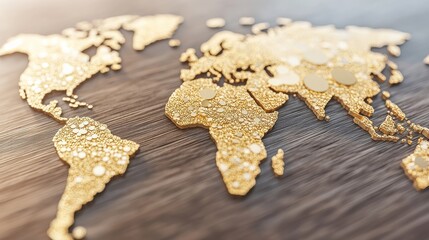 Symbols of wealth and abundance in diversification. A close-up of a stylized world map made from golden bubbles on a wooden surface, highlighting continents with a shiny, textured effect.