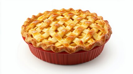 Golden Lattice Crust Apple Pie in Red Dish on White Background