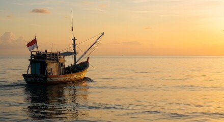 Naklejka premium Golden Hour Fishing Boat at Sea, Tranquil Sunset Scene