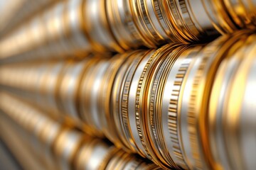 Symbols of wealth and abundance in diversification. Close-up image of stacked film reels with golden light highlighting their circular shapes and metal textures.