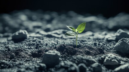 Fresh Green Seedling Emerging from Dark Soil Surrounded by Rocks in a Low Light Environment