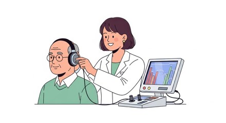 Audiologist Checks Senior Patient Hearing with Audiometer