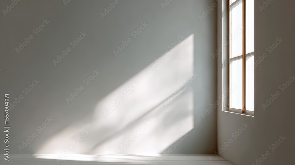 Poster a minimalistic interior with natural light streaming through a window, creating soft shadows on the 