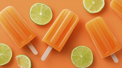 Colorful orange popsicles arranged on a vibrant orange background, surrounded by fresh lime slices, creating a refreshing summer dessert scene with bright colors and textures