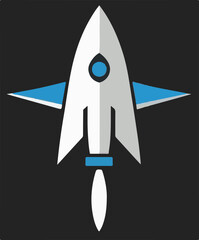 A sleek, white and blue vector rocket taking off, with a flame effect at its base, symbolizing launch, innovation, speed, or progress, against a dark background.