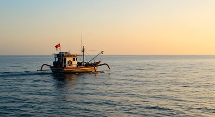 Obraz premium Serene Sunrise Fishing Boat on Calm Ocean Waters
