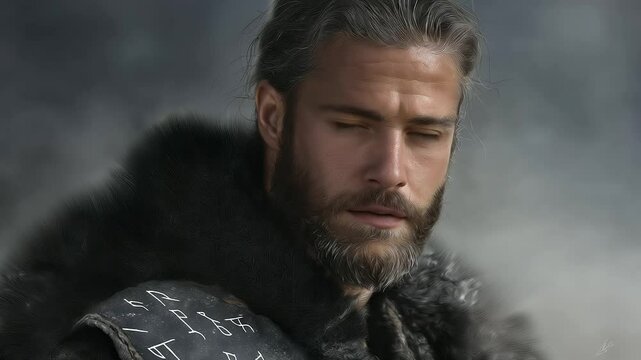 1_Fantasy Viking Portrait with Glowing Runes and Misty Background