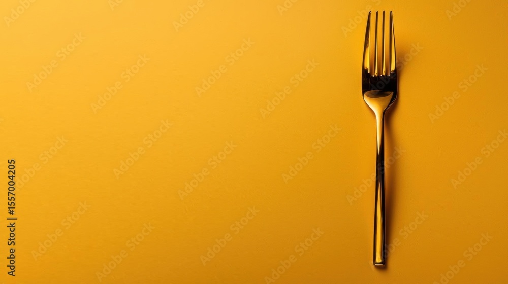 Poster close-up of a fork on a bright yellow background. the fork is positioned in the center of the image,