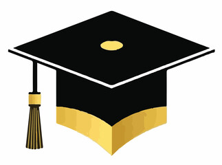A classic black graduation cap with a gold tassel and band, presented as a vector illustration. Ideal for themes of education, achievement, success, or academic milestones.
