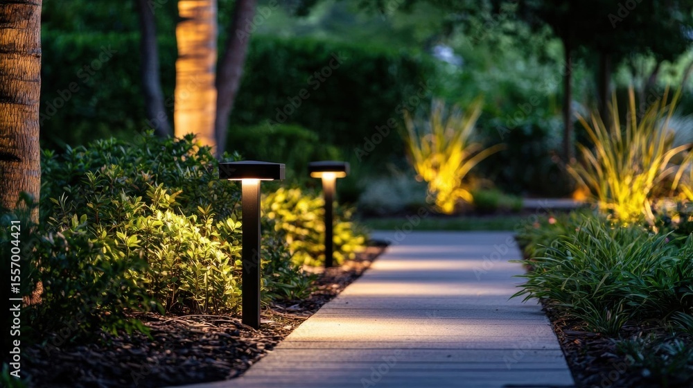 Poster pathway in a garden at night. the pathway is made of concrete and is surrounded by various plants an