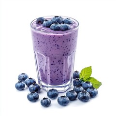 Creamy blueberry smoothie in a glass, inviting and rich color, isolated on white background.