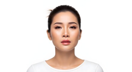 Asian woman with tears streaming down her face on a white background