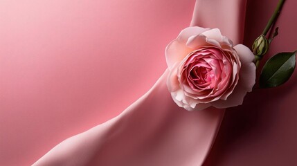 Close-up of a single pink rose on a pink background. the rose is in full bloom with its petals open and its stem and leaves visible.