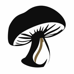 A dark, stylized vector illustration of a mushroom with a black cap and prominent gills, featuring a brown stem detail, ideal for nature, food, or fantasy themes.