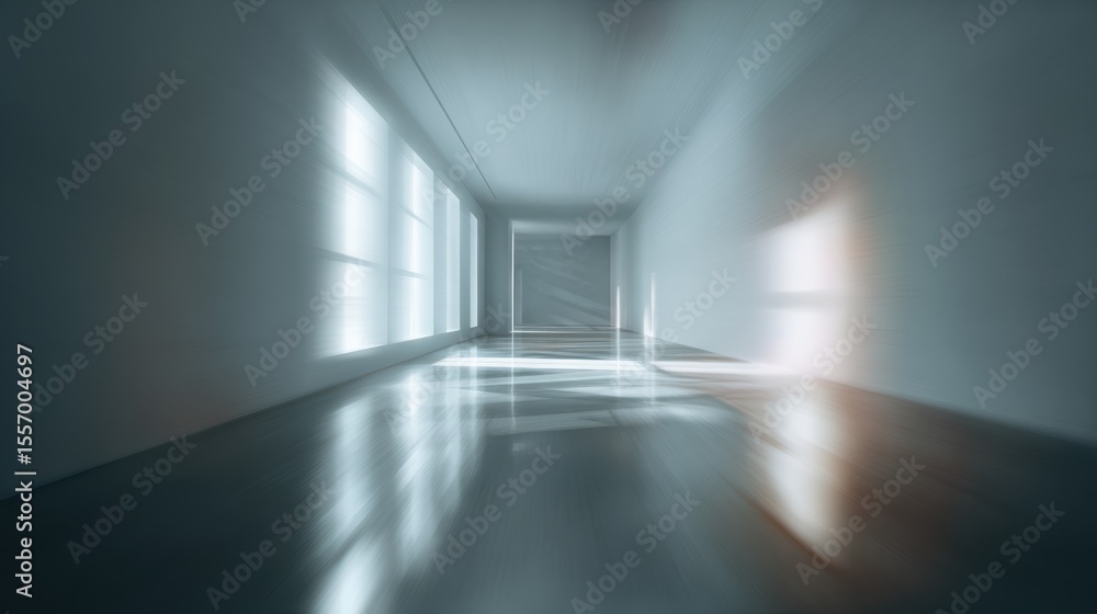 Poster a modern, empty corridor with reflections and soft light streaming through windows, creating a seren