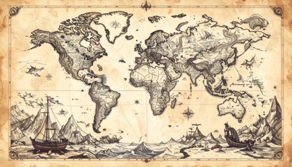 Antique-style world map illustration with detailed continents, oceans, ships, mountains, and decorative borders on a parchment-like background. © ArtNote