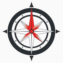 A striking vector image of a compass rose with a bold red north arrow, set within a dark grey circle, symbolizing guidance, exploration, direction, or travel.