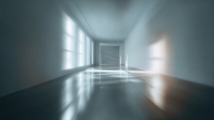 A modern, empty corridor with reflections and soft light streaming through windows, creating a serene atmosphere.