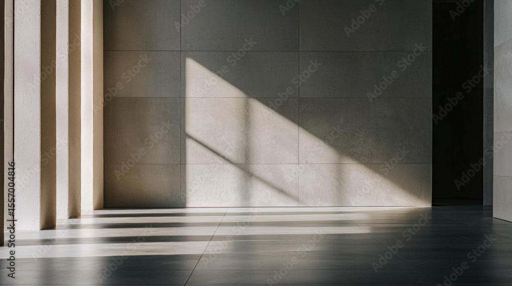 Aufkleber empty room with a concrete wall and floor. the wall is made up of square tiles in a light grey color