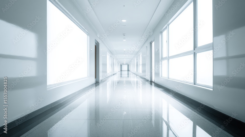 Poster a modern hallway with bright windows and polished floors, creating a clean and spacious atmosphere.