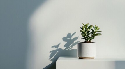 Small potted plant on a white shelf against a light blue wall. the plant is a succulent with green leaves and is in a white ceramic pot with a speckled pattern.