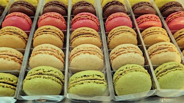 visually appealing, colorful array of French macarons in neat rows, showcasing a variety of vibrant flavors and perfect pastry shells.