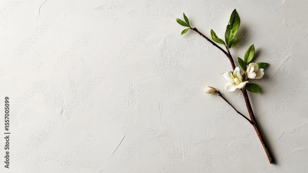 Poster flat lay of a branch with small white flowers and green leaves on a light grey background. the branc