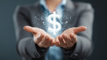 A person holding a glowing dollar sign between their open hands, symbolizing finance and prosperity.