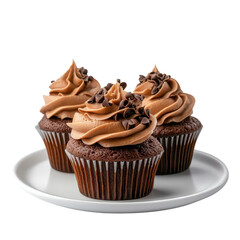 Chocolate cupcakes on a plate, isolated with a white background, elegant and appetizing presentation. cutout png