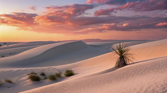 Mesmerizing desert vista unfolds at twilight, showcasing stunning sand dunes and a yucca plant under a vibrant, colorful sunset sky.