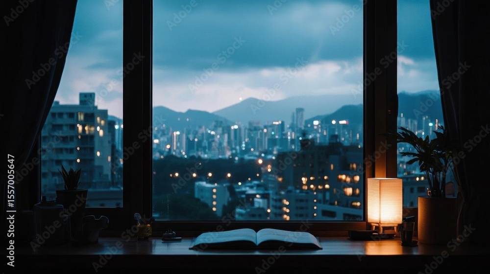 Poster window with a view of a city at night. the window is open and the view is of a densely populated cit